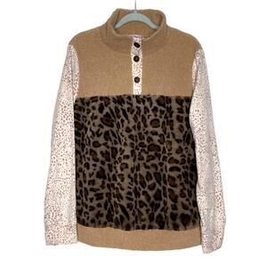 CES FEMME Mockneck Leopard Teddy Mixed Media Sweater Size Large Long Sleeve New